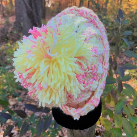 Handmade Pom Pom Pink/Pale Yellow/Ribbed Crochet Slouch Women's/Teens Beanie Hat - Picture 6 of 7